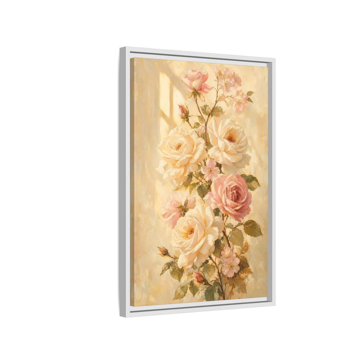 Side Mockup 1. Sunlit Peach Rose Bouquet shown as framed canvas print