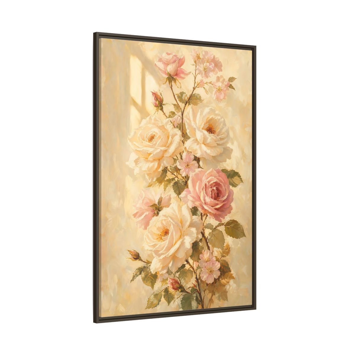 Side Mockup 8. Sunlit Peach Rose Bouquet shown as framed canvas print