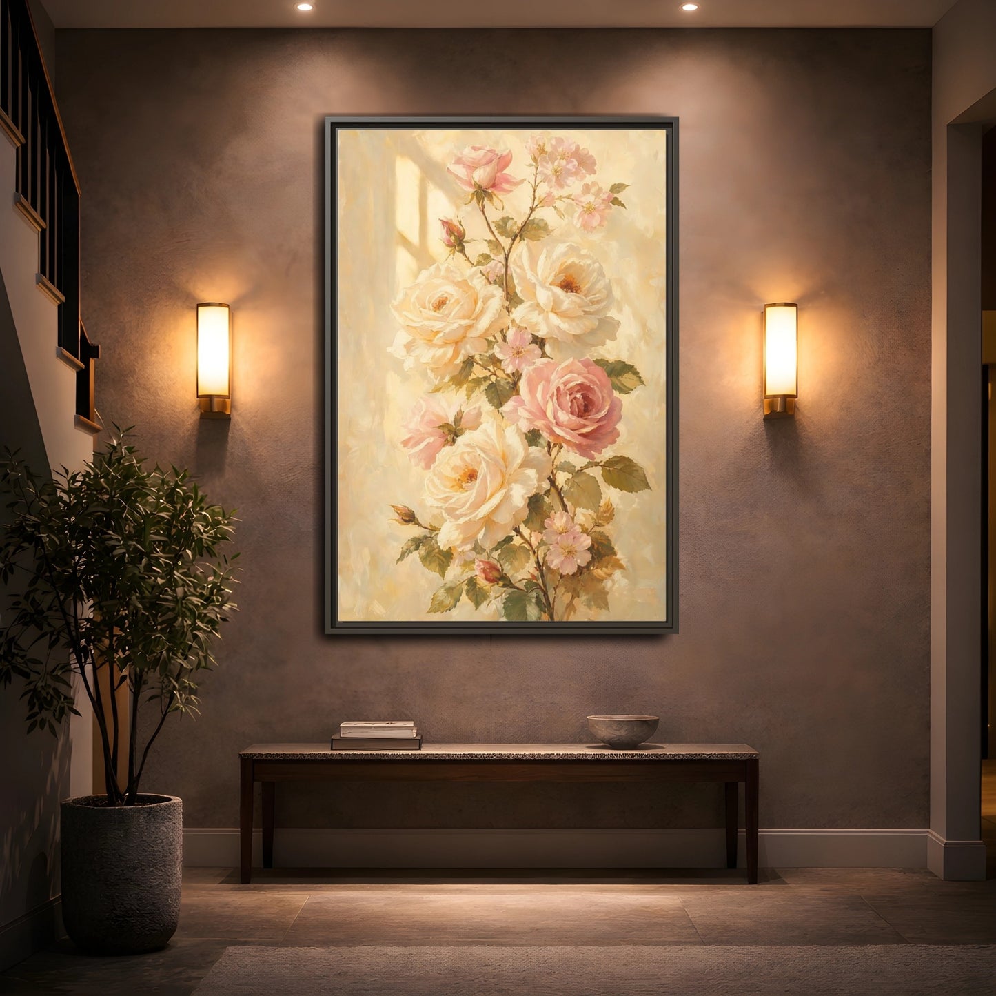 Mockup 2. Sunlit Peach Rose Bouquet shown as framed canvas print