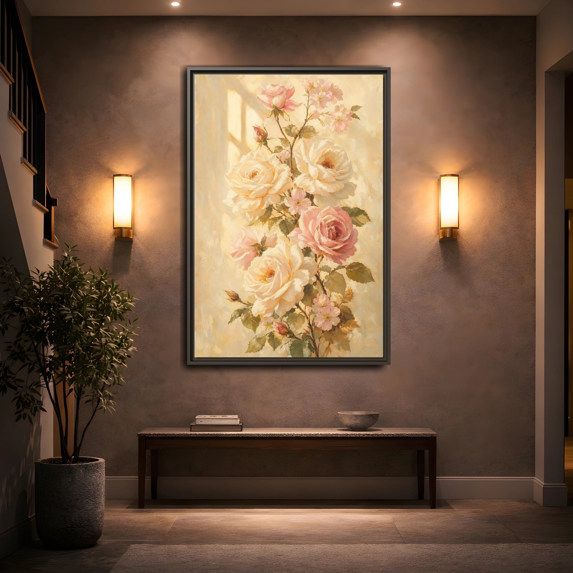 Mockup 2. Sunlit Peach Rose Bouquet shown as framed canvas print