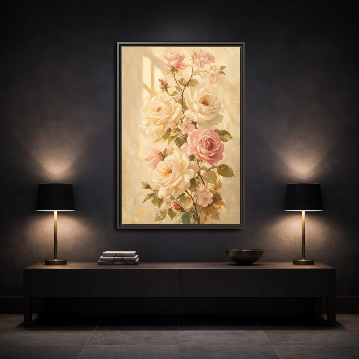 Mockup 3. Sunlit Peach Rose Bouquet shown as framed canvas print