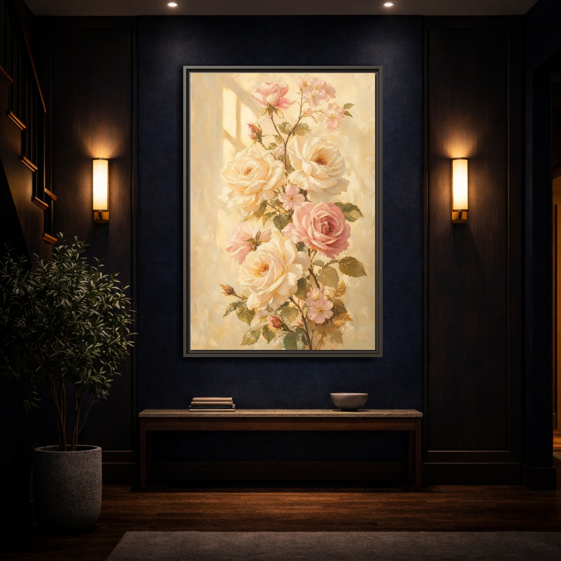 Mockup 4. Sunlit Peach Rose Bouquet shown as framed canvas print