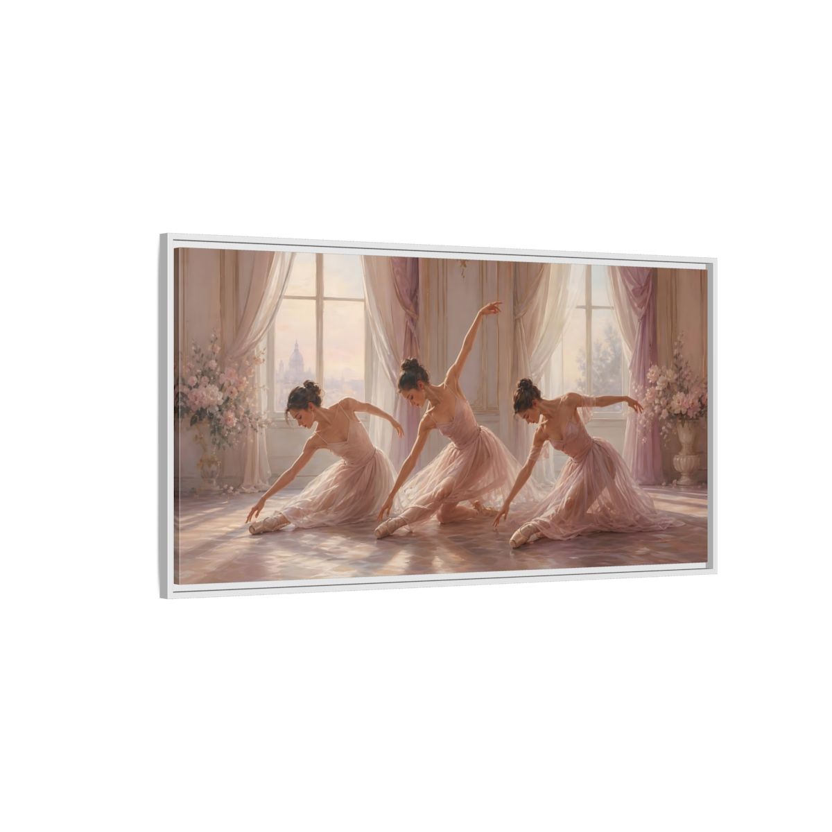 Side Mockup 3. Sunlit Pink Ballerinas shown as framed canvas print