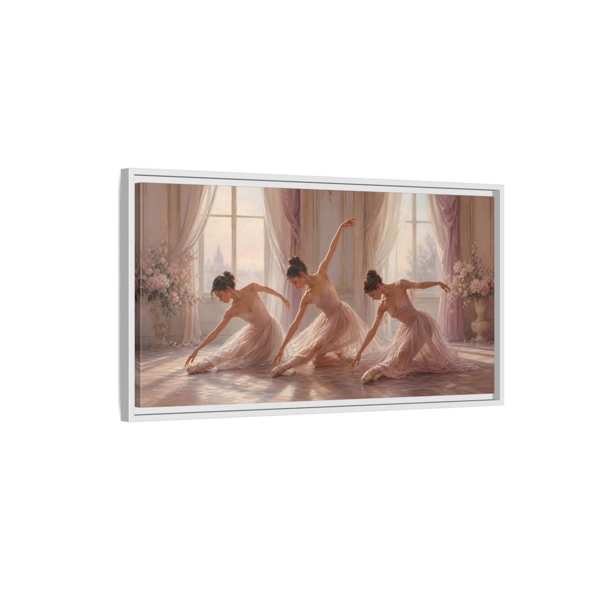 Side Mockup 1. Sunlit Pink Ballerinas shown as framed canvas print