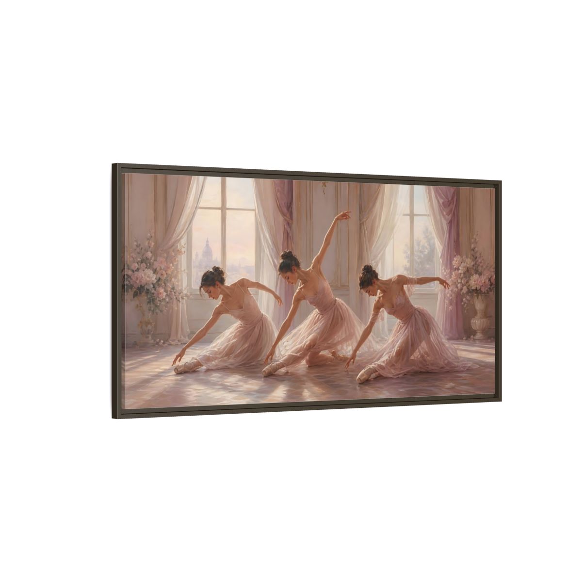 Side Mockup 4. Sunlit Pink Ballerinas shown as framed canvas print