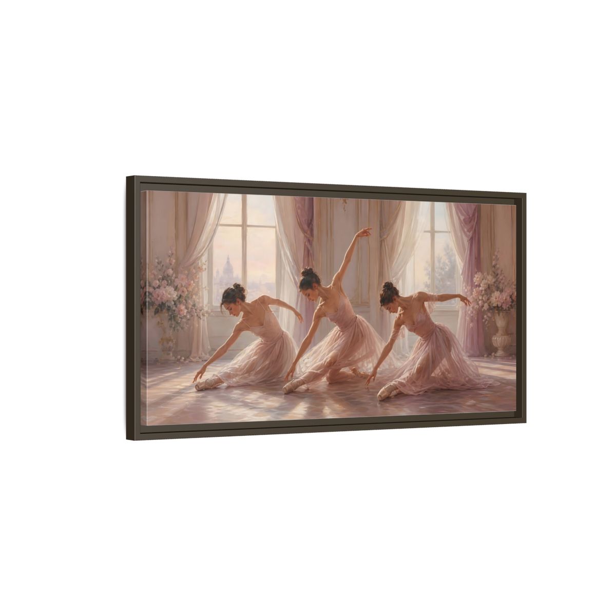 Main Mockup. Sunlit Pink Ballerinas shown as framed canvas print