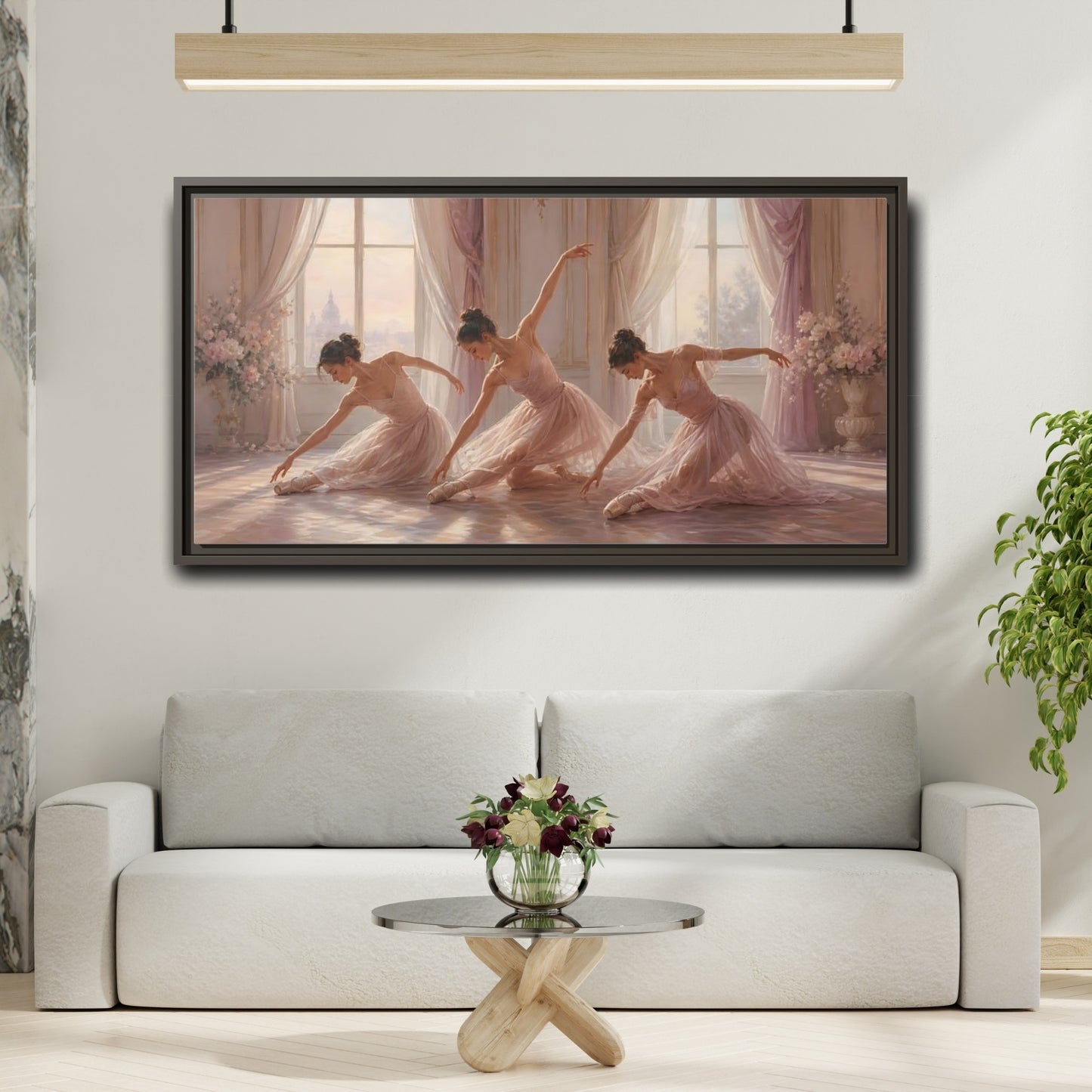 Mockup 2. Sunlit Pink Ballerinas shown as framed canvas print