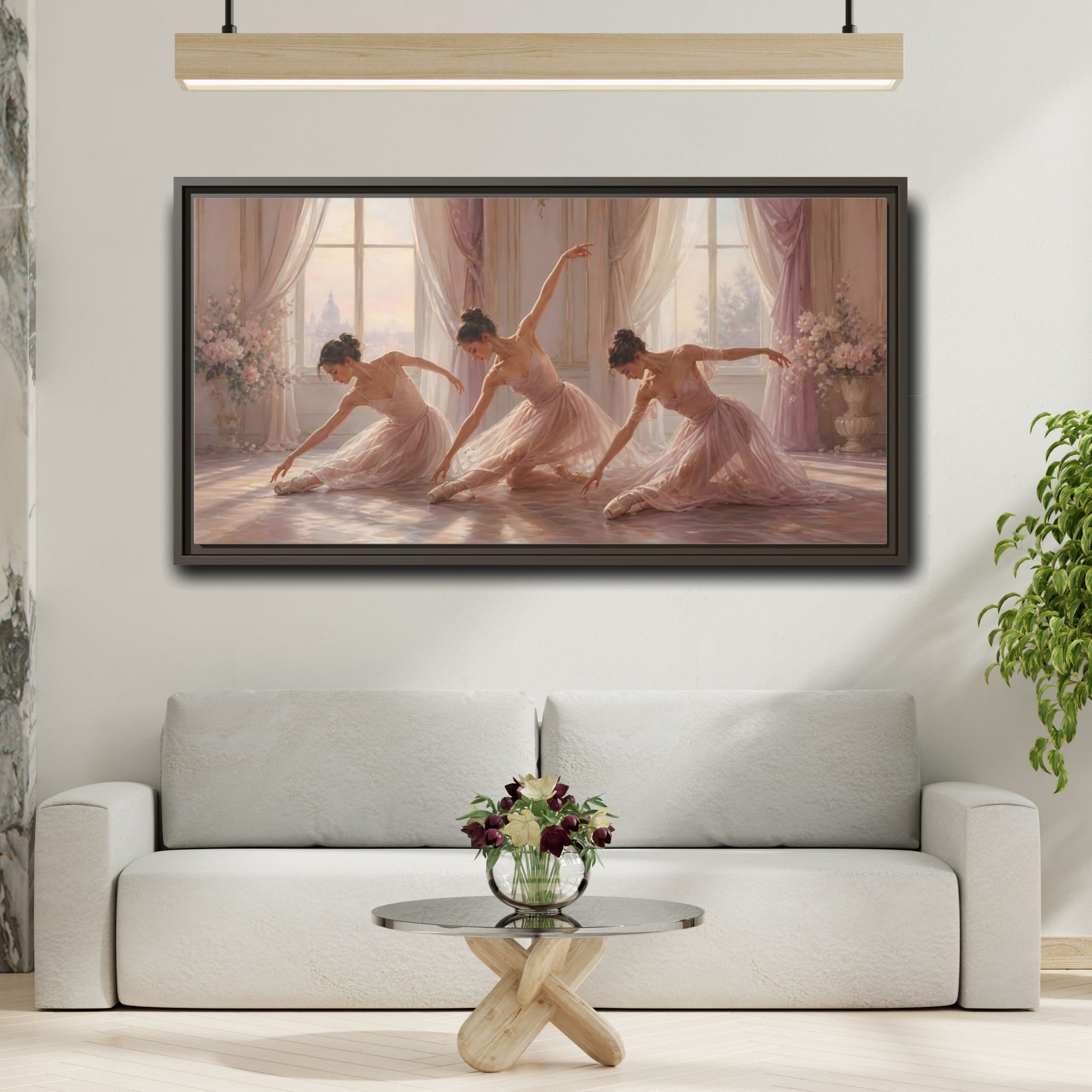 Mockup 2. Sunlit Pink Ballerinas shown as framed canvas print