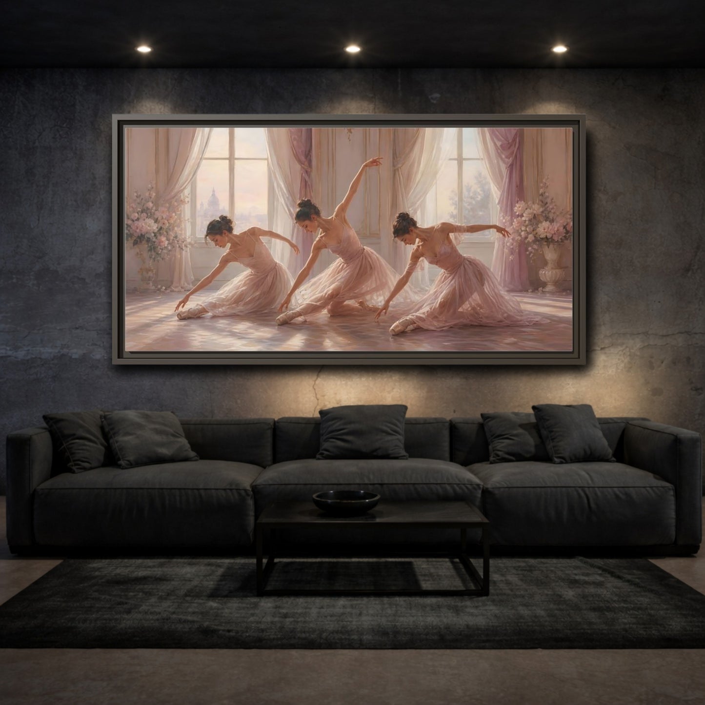 Mockup 3. Sunlit Pink Ballerinas shown as framed canvas print