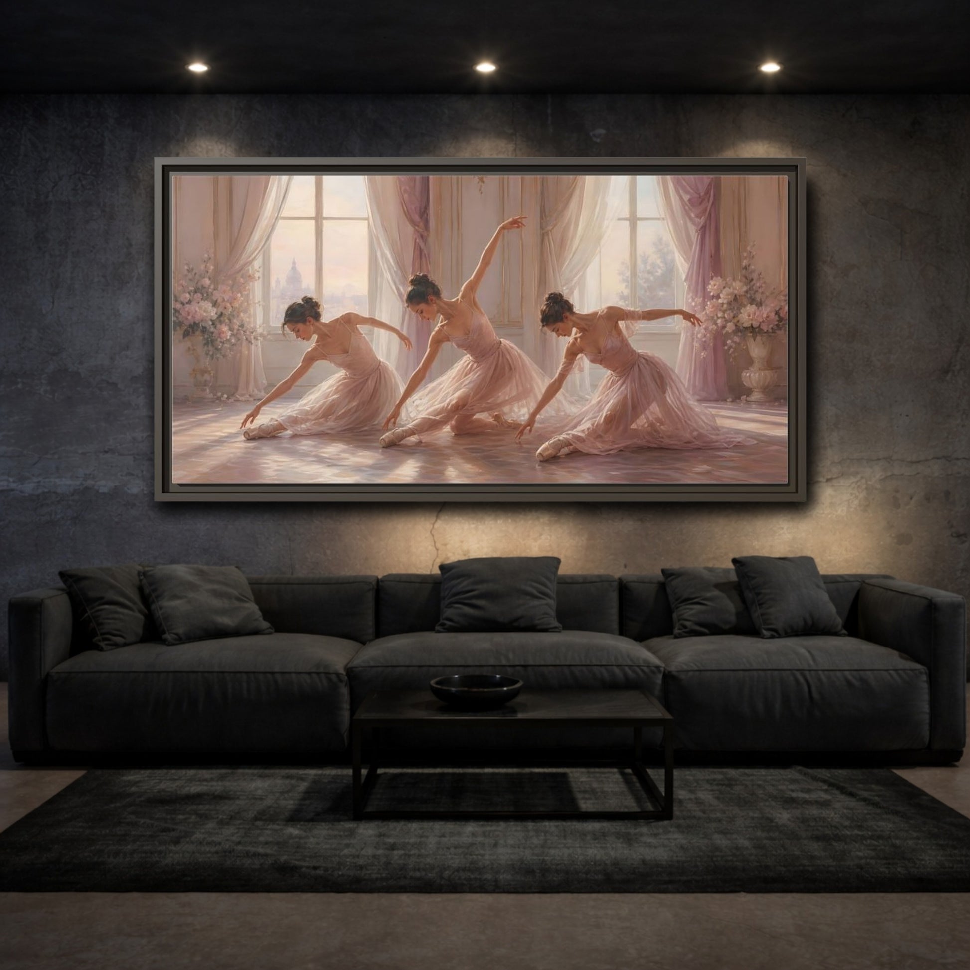 Mockup 3. Sunlit Pink Ballerinas shown as framed canvas print