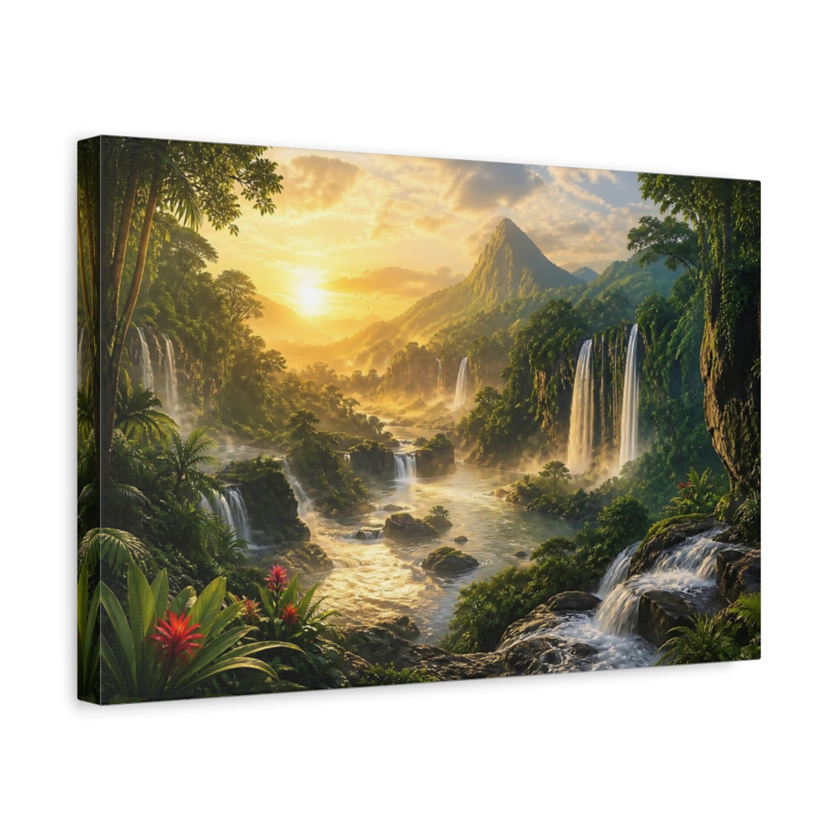 Side Mockup 4. Sunlit Rainforest Waterfalls shown as canvas print