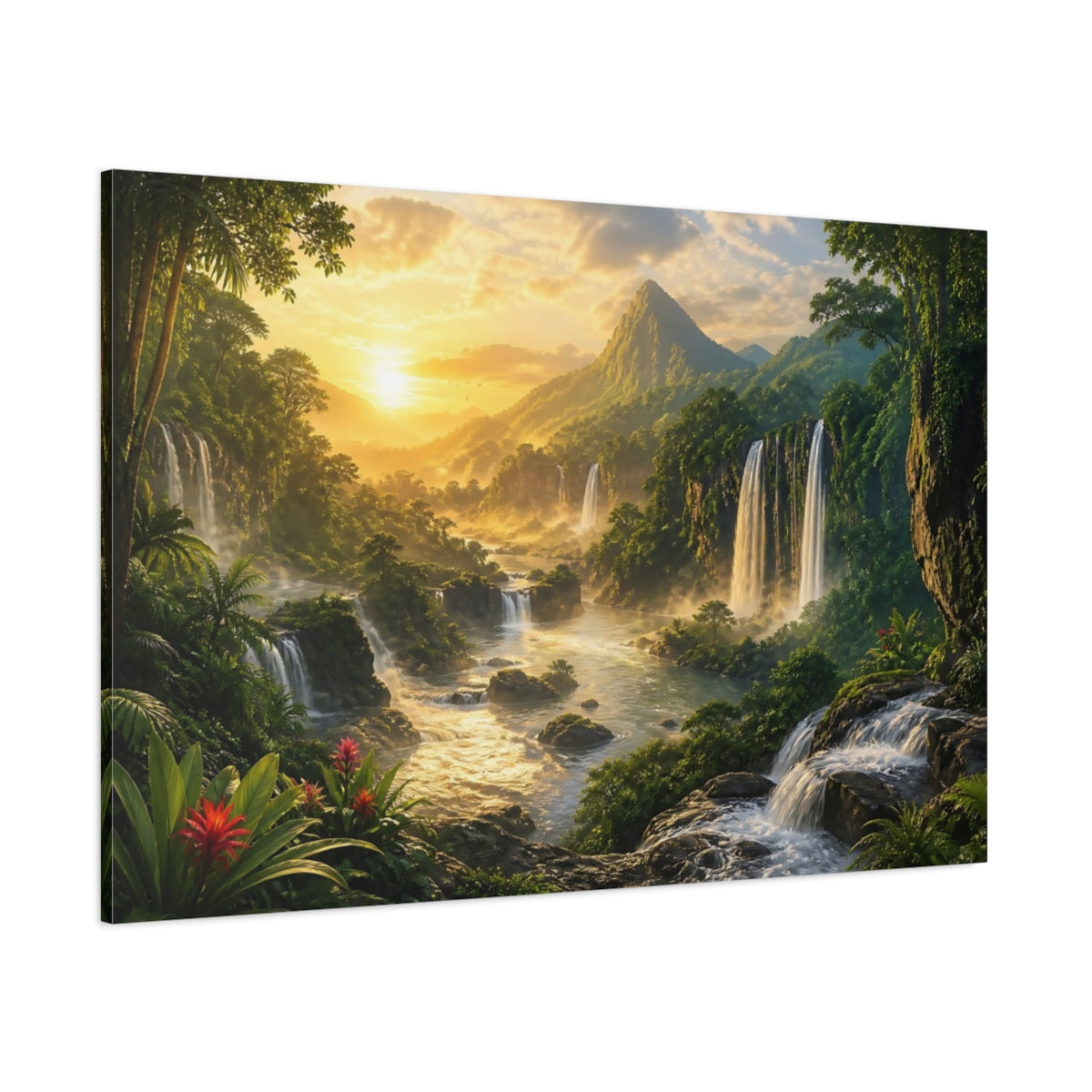 Side Mockup 1. Sunlit Rainforest Waterfalls shown as canvas print