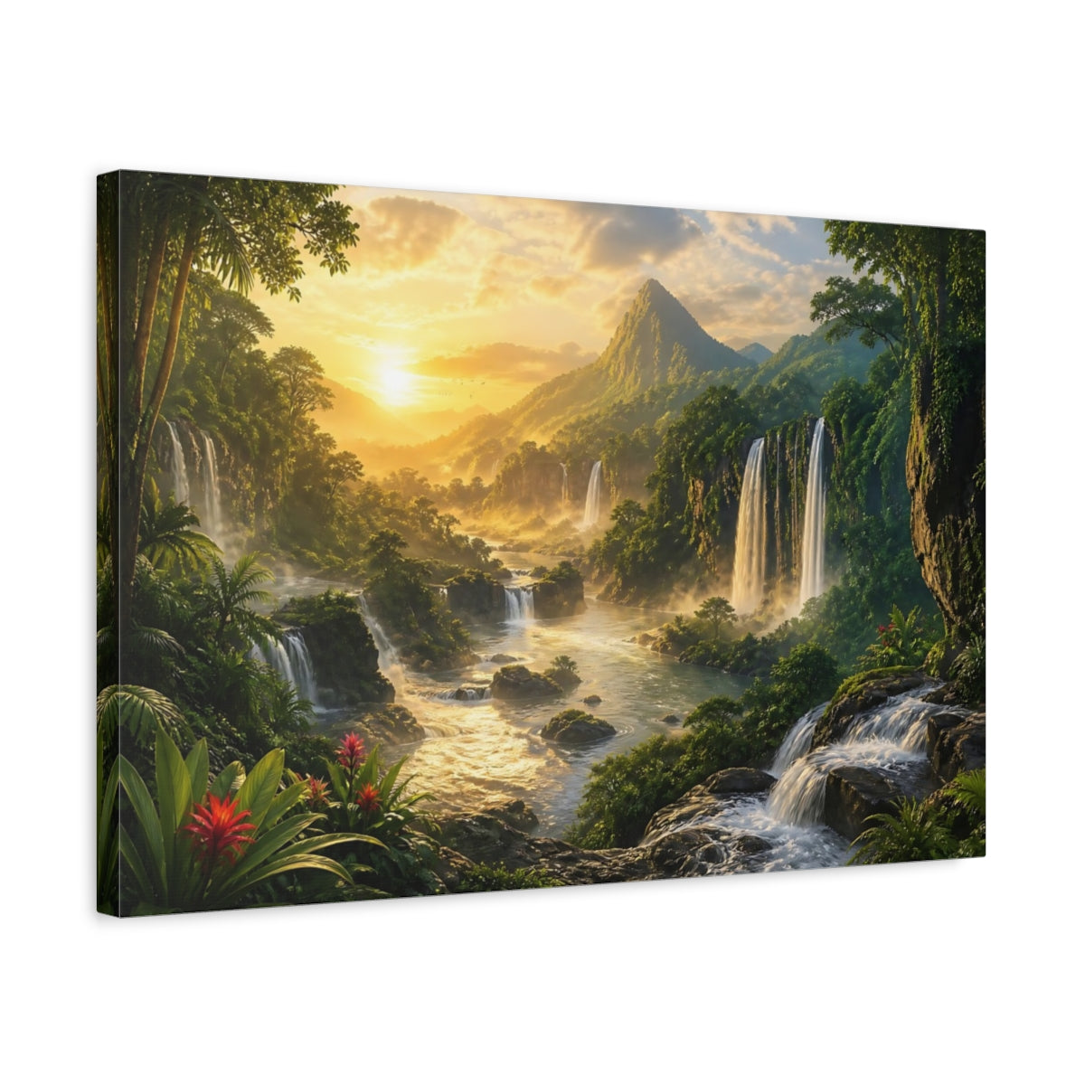 Side Mockup 3. Sunlit Rainforest Waterfalls shown as canvas print
