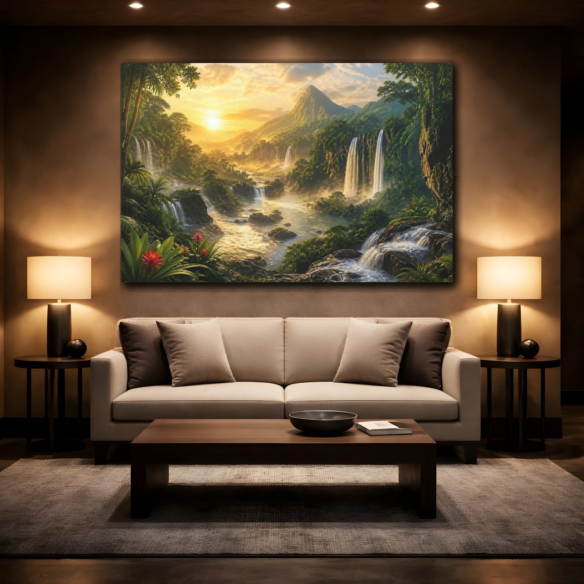 Mockup 2. Sunlit Rainforest Waterfalls shown as canvas print