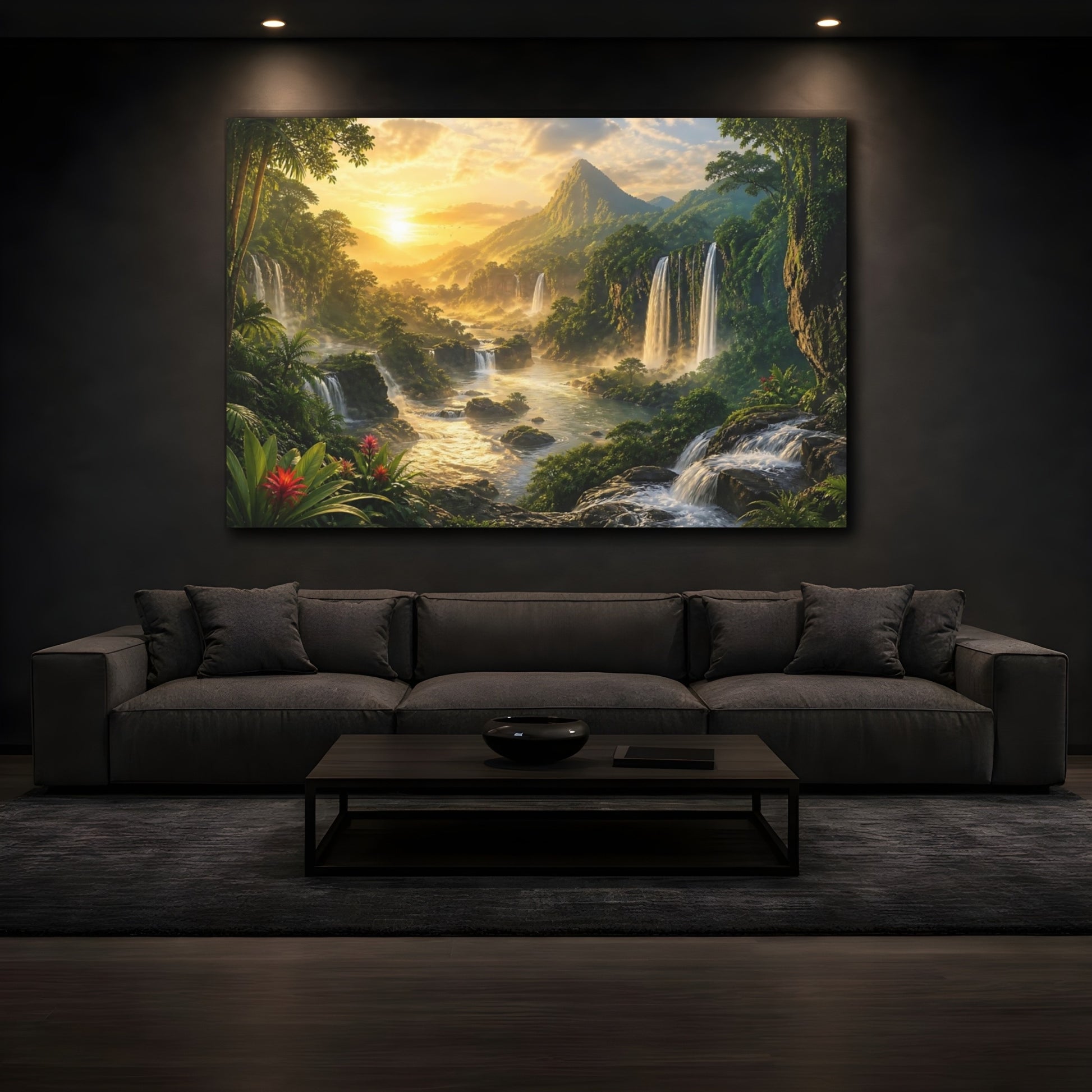 Mockup 3. Sunlit Rainforest Waterfalls shown as canvas print