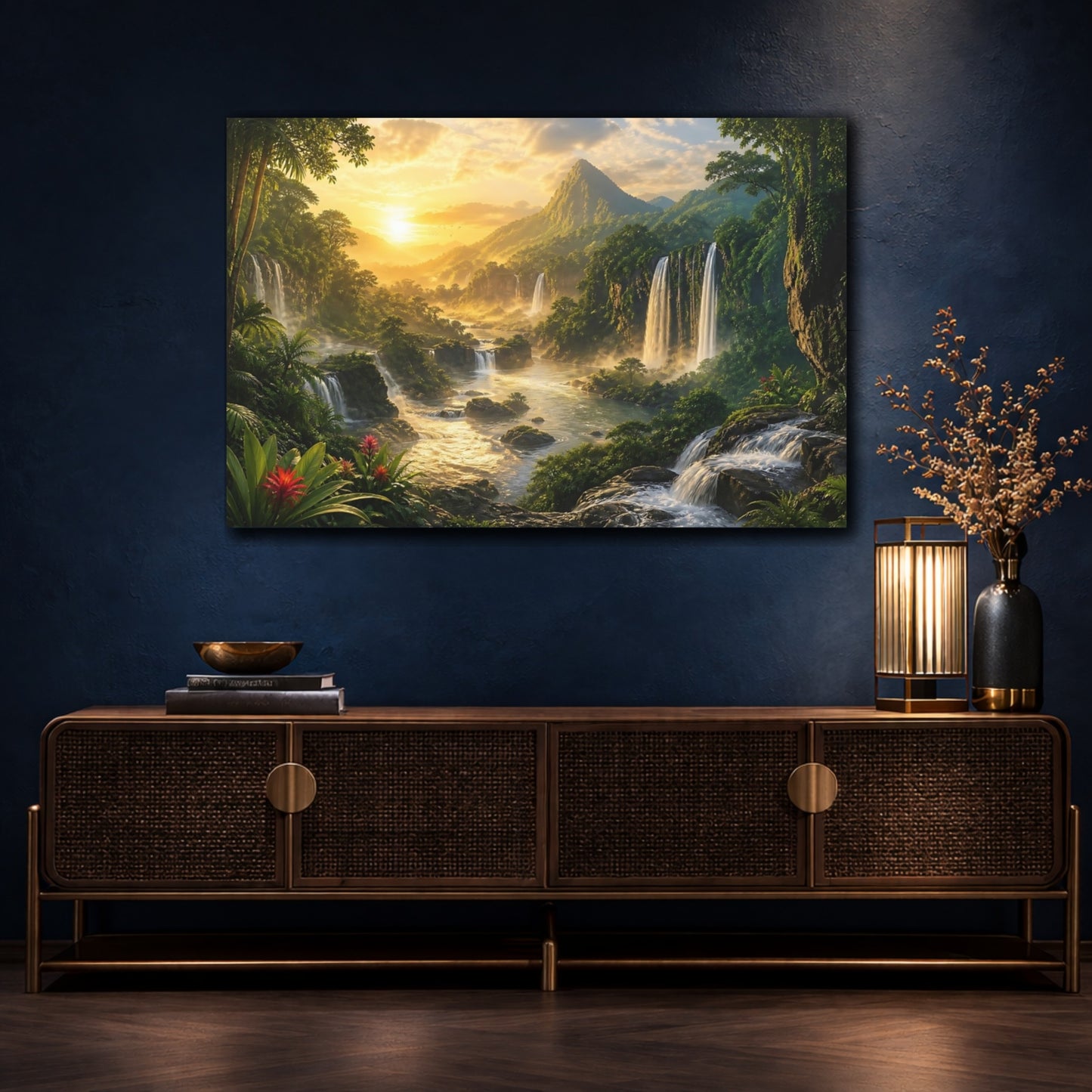 Mockup 4. Sunlit Rainforest Waterfalls shown as canvas print