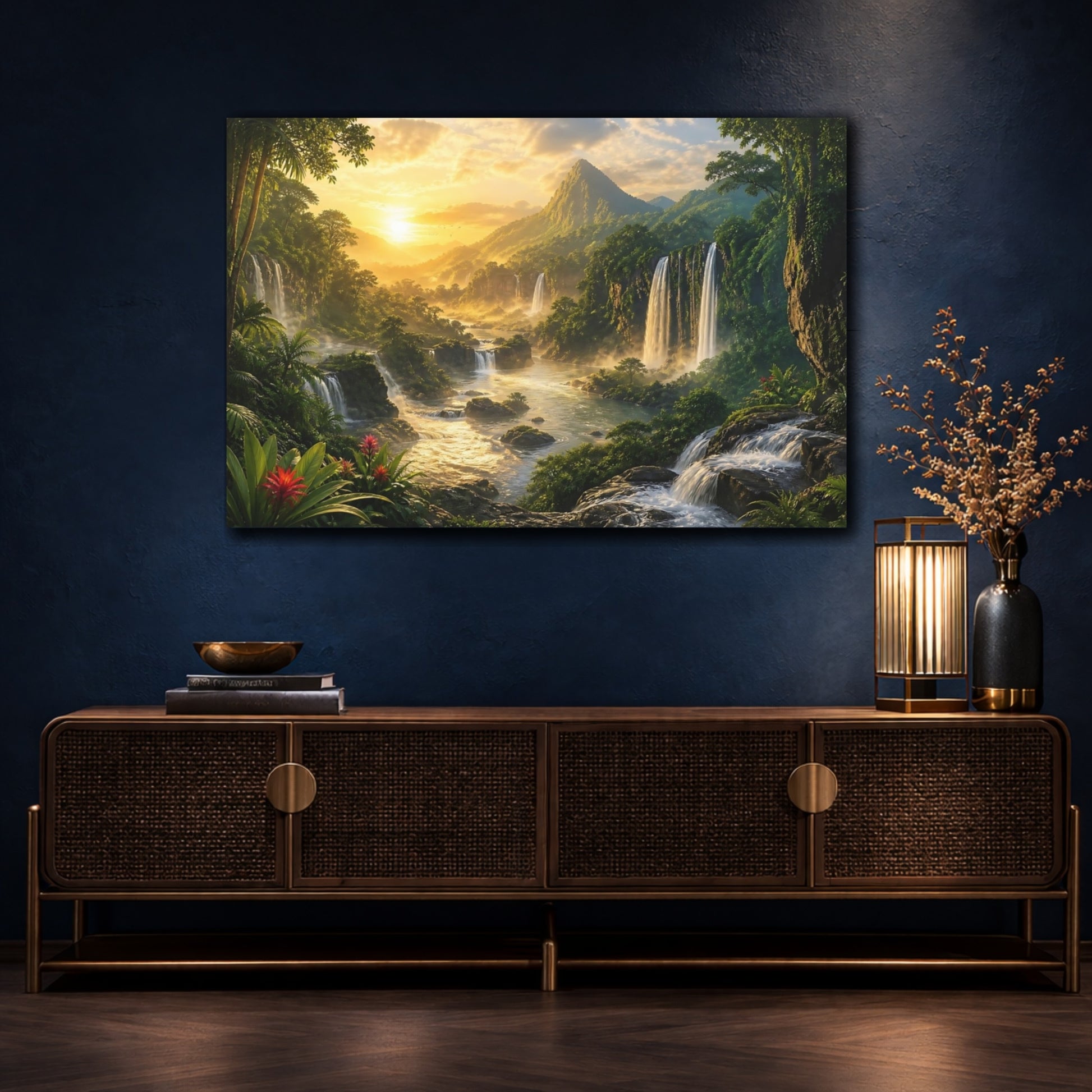 Mockup 4. Sunlit Rainforest Waterfalls shown as canvas print