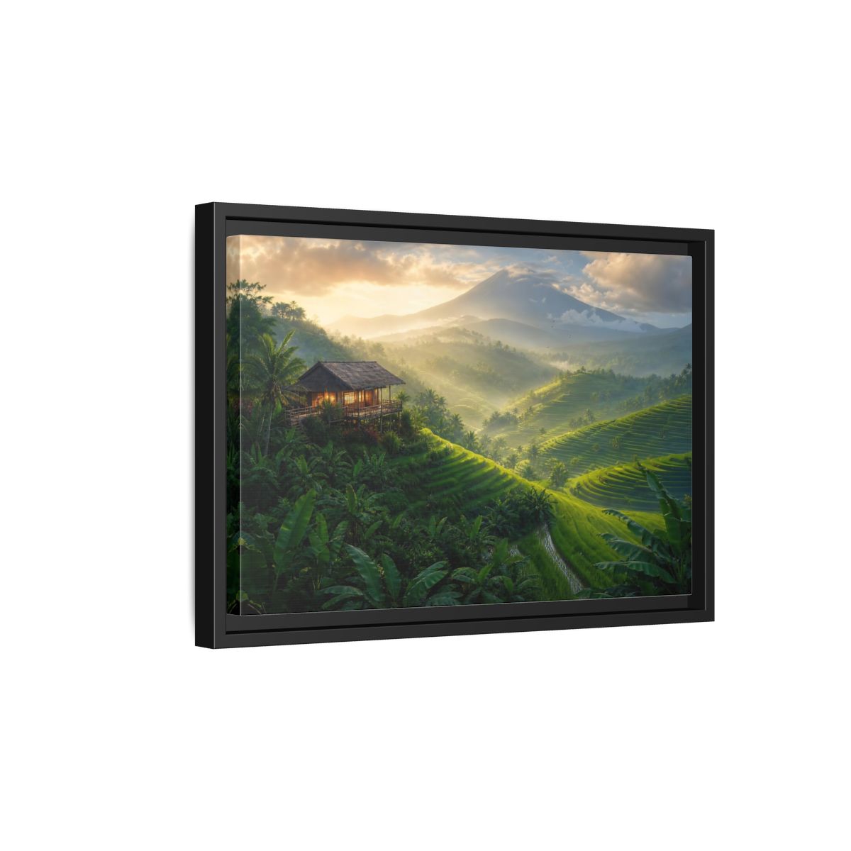 Side Mockup 6. Sunlit Rice Terrace Retreat shown as framed canvas print