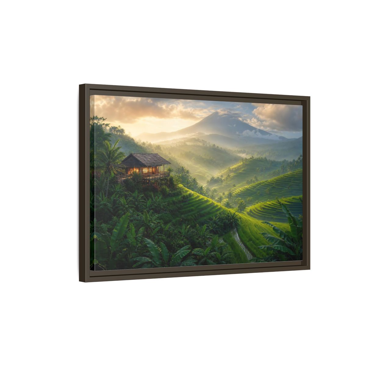 Side Mockup 2. Sunlit Rice Terrace Retreat shown as framed canvas print