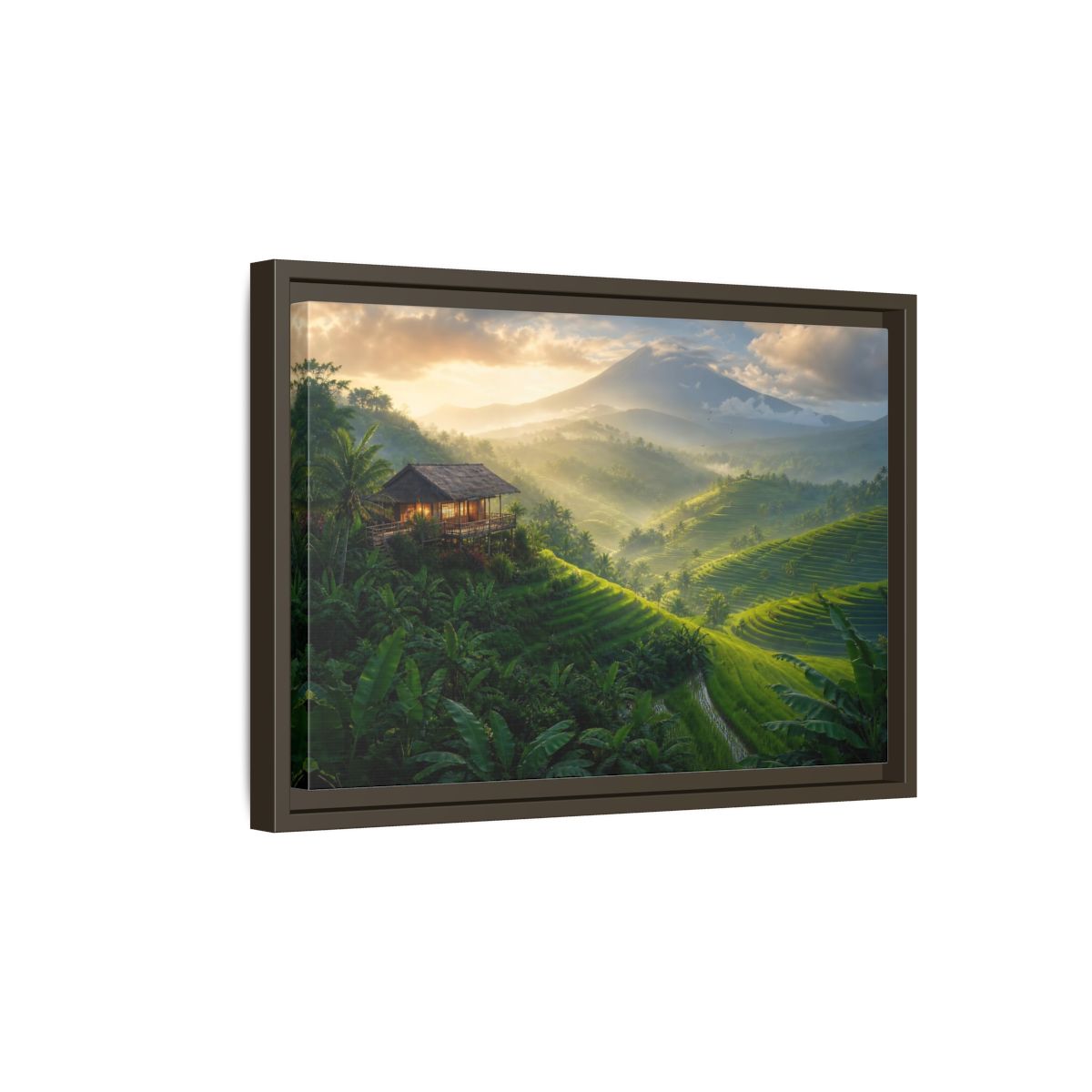Side Mockup 5. Sunlit Rice Terrace Retreat shown as framed canvas print
