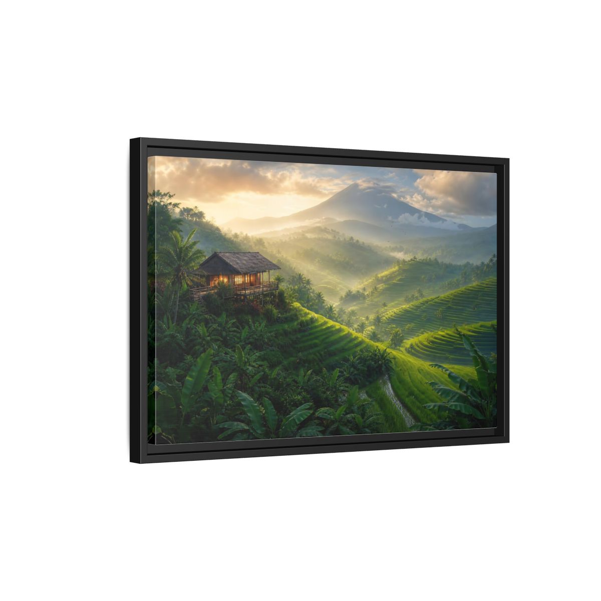 Side Mockup 3. Sunlit Rice Terrace Retreat shown as framed canvas print
