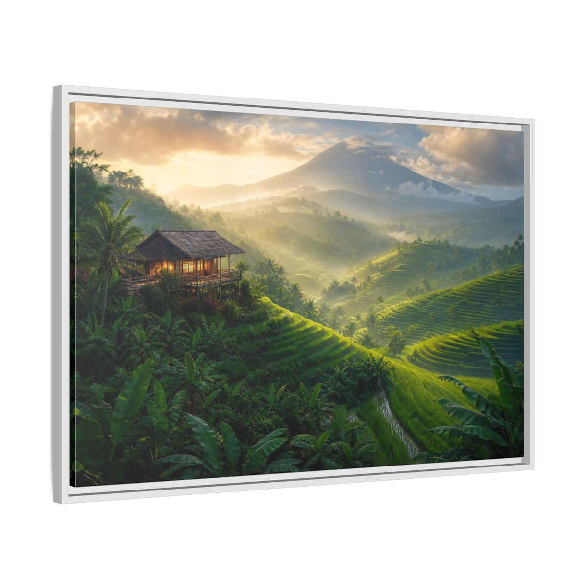Side Mockup 9. Sunlit Rice Terrace Retreat shown as framed canvas print