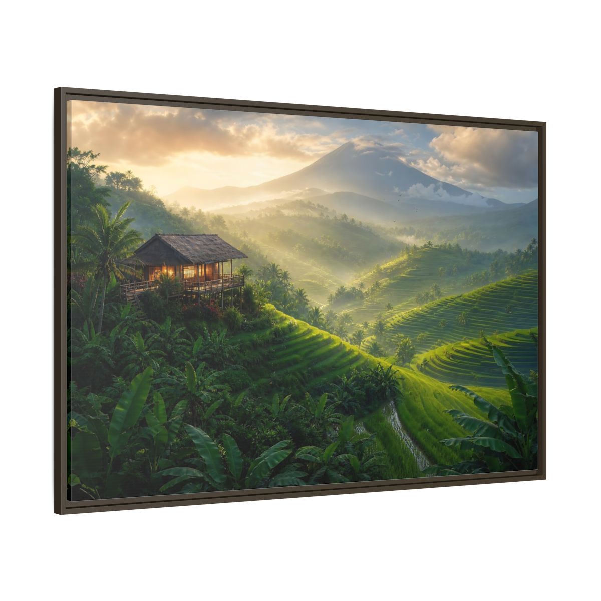 Side Mockup 8. Sunlit Rice Terrace Retreat shown as framed canvas print