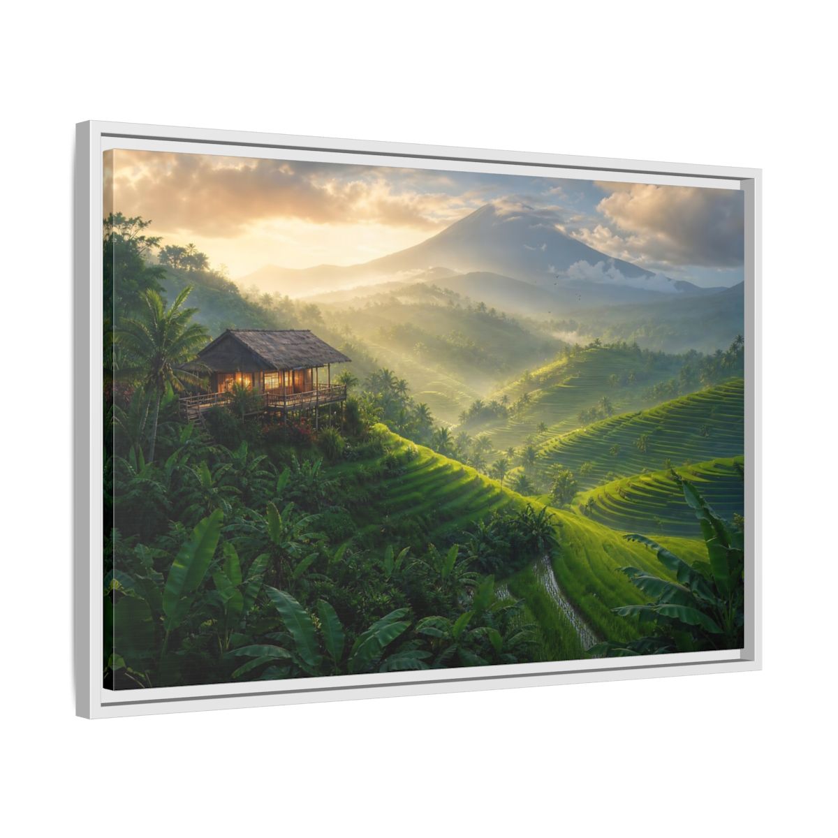 Side Mockup 10. Sunlit Rice Terrace Retreat shown as framed canvas print