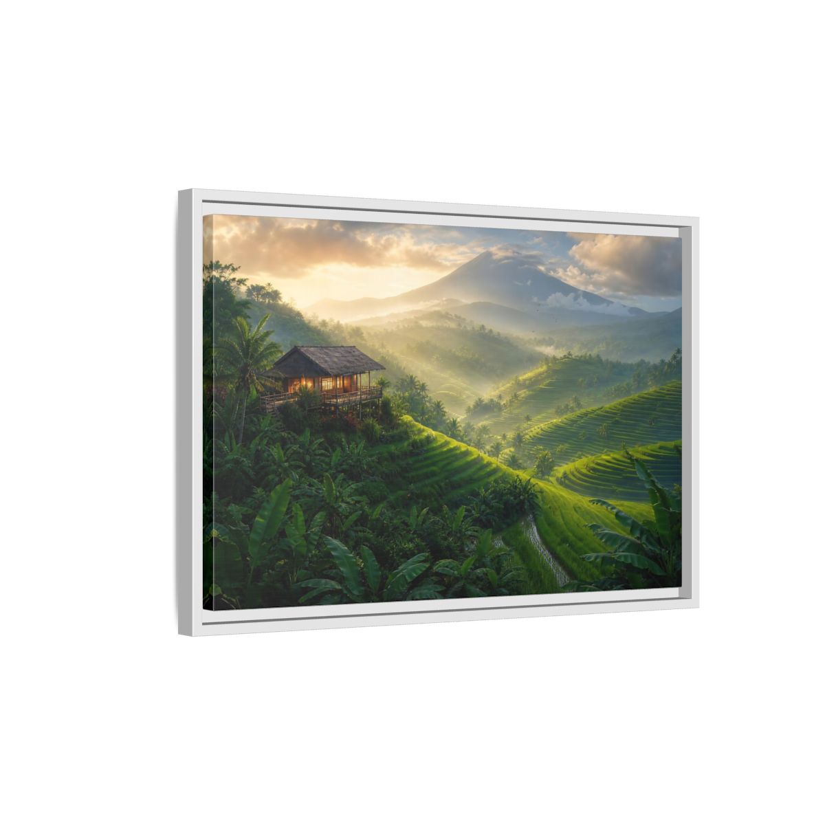 Side Mockup 1. Sunlit Rice Terrace Retreat shown as framed canvas print