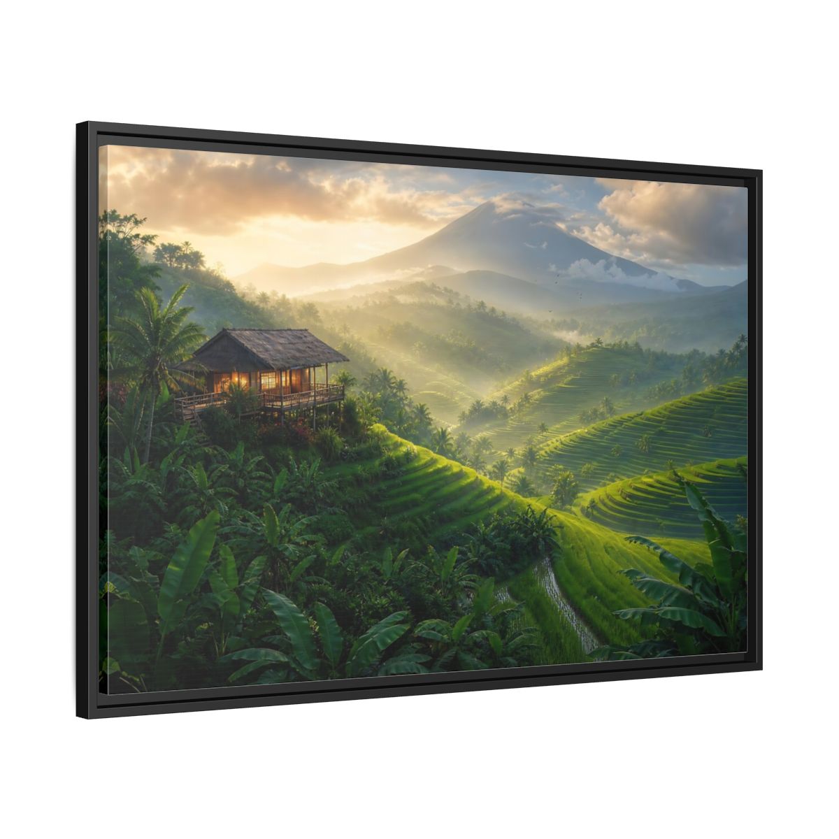 Side Mockup 13. Sunlit Rice Terrace Retreat shown as framed canvas print