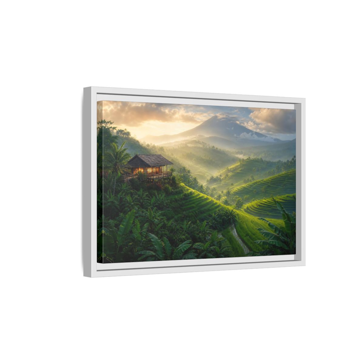 Side Mockup 4. Sunlit Rice Terrace Retreat shown as framed canvas print