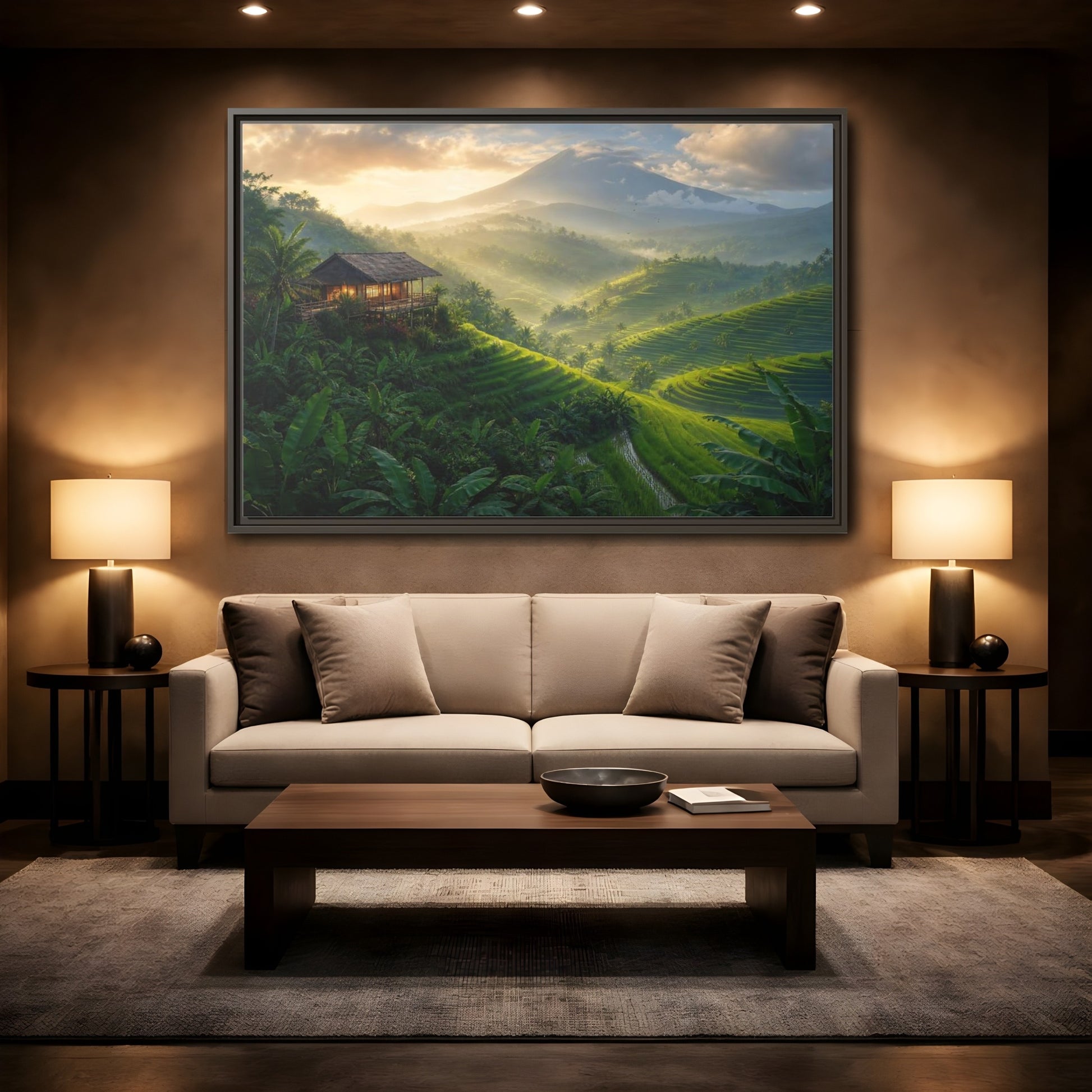 Mockup 2. Sunlit Rice Terrace Retreat shown as framed canvas print