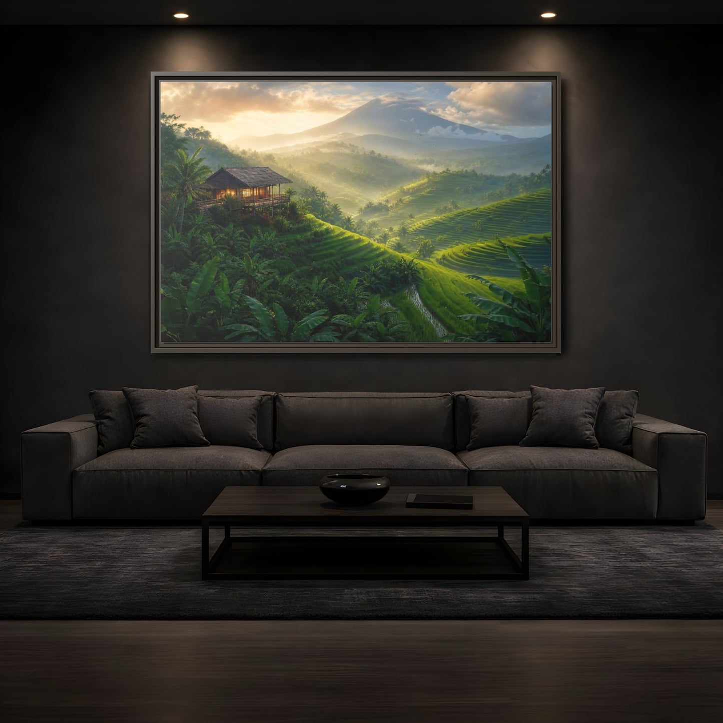 Mockup 3. Sunlit Rice Terrace Retreat shown as framed canvas print