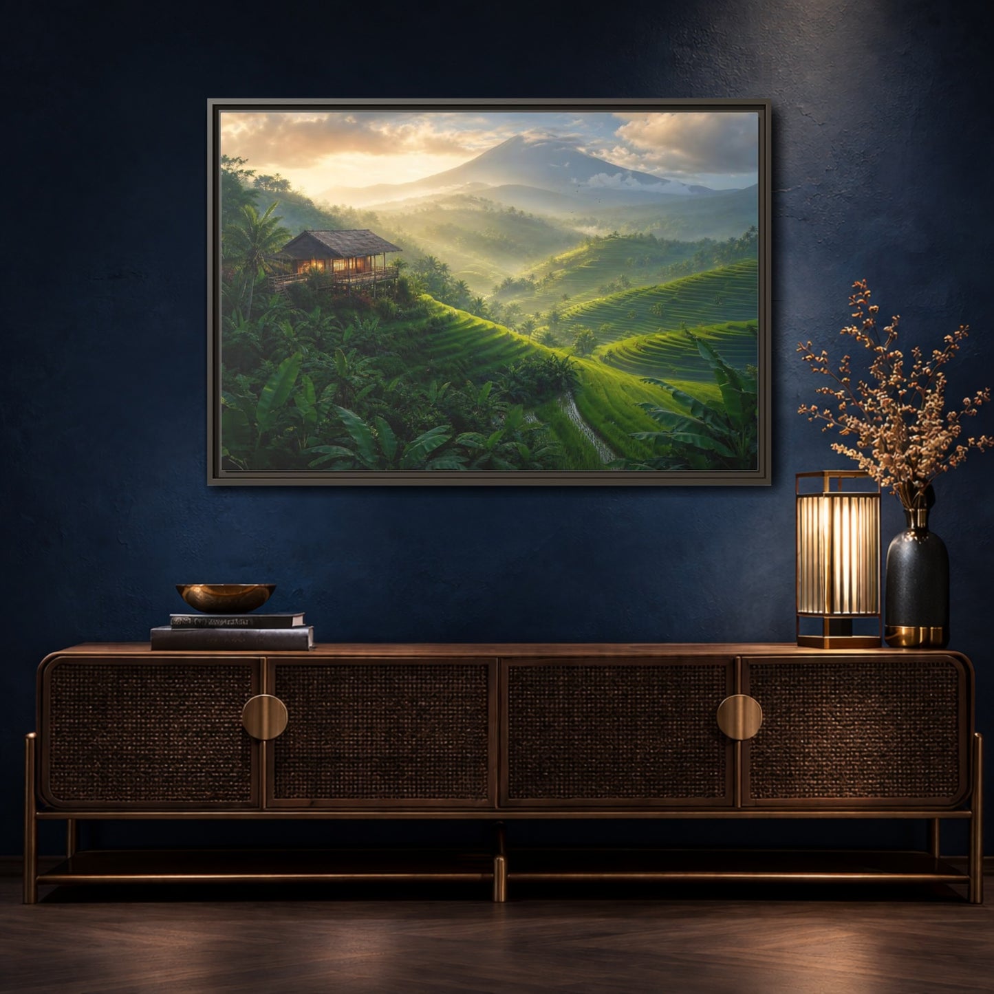 Mockup 4. Sunlit Rice Terrace Retreat shown as framed canvas print