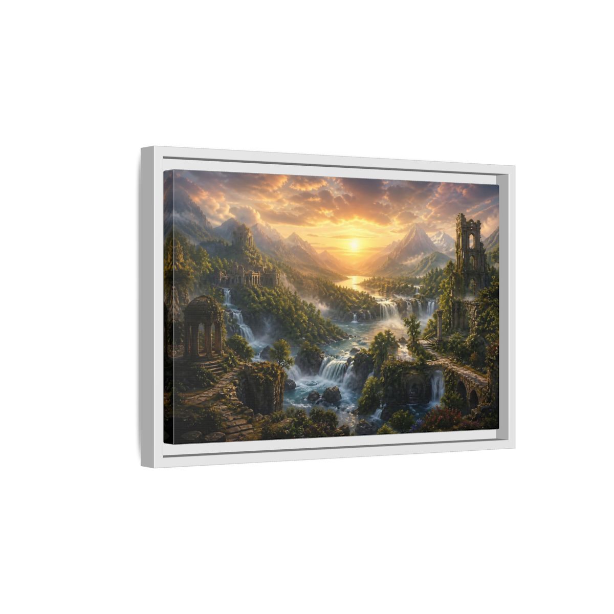 Side Mockup 4. Sunlit River Valley Ruins shown as framed canvas print