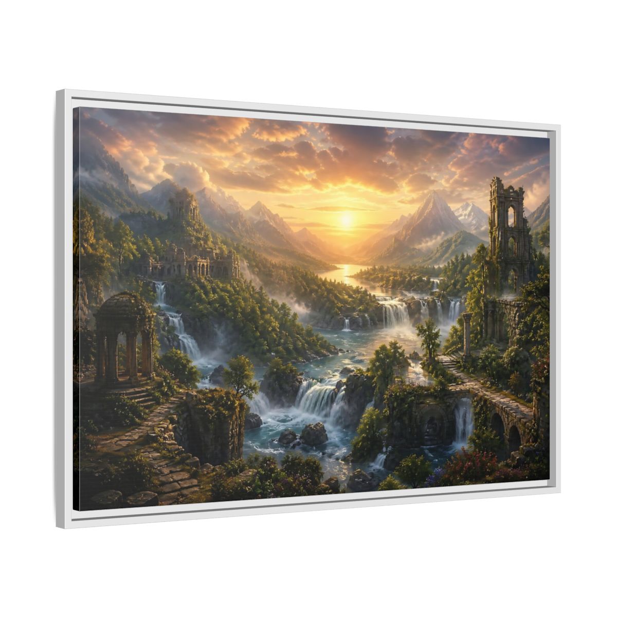 Side Mockup 9. Sunlit River Valley Ruins shown as framed canvas print