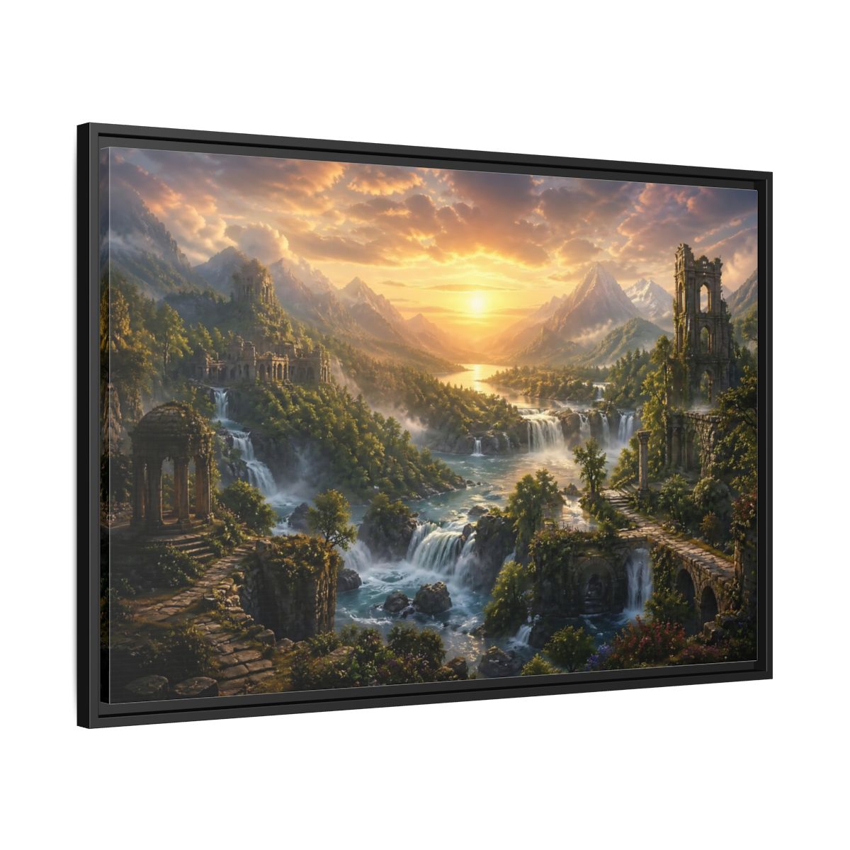 Side Mockup 13. Sunlit River Valley Ruins shown as framed canvas print