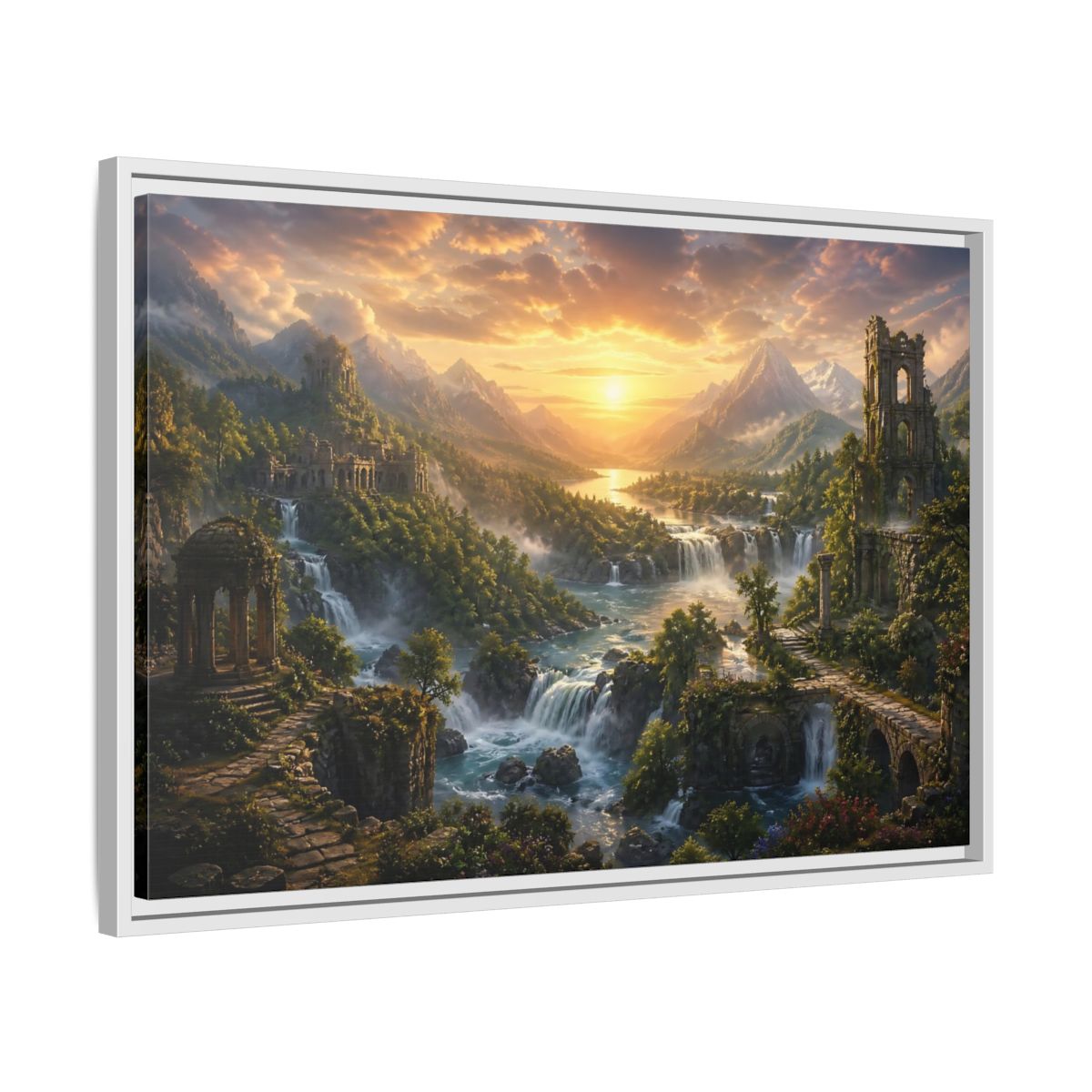 Side Mockup 10. Sunlit River Valley Ruins shown as framed canvas print