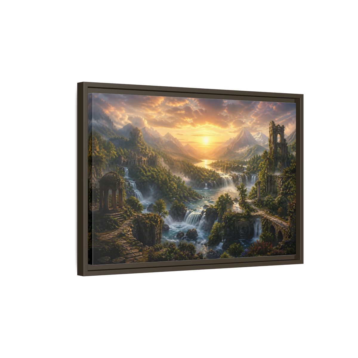 Side Mockup 2. Sunlit River Valley Ruins shown as framed canvas print