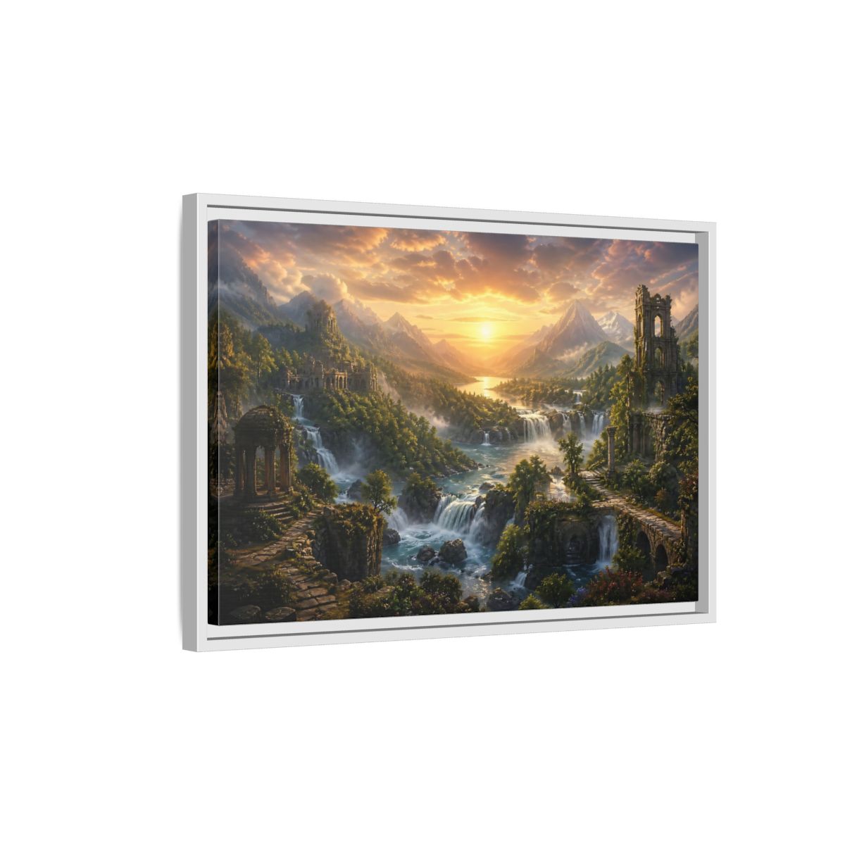 Side Mockup 1. Sunlit River Valley Ruins shown as framed canvas print
