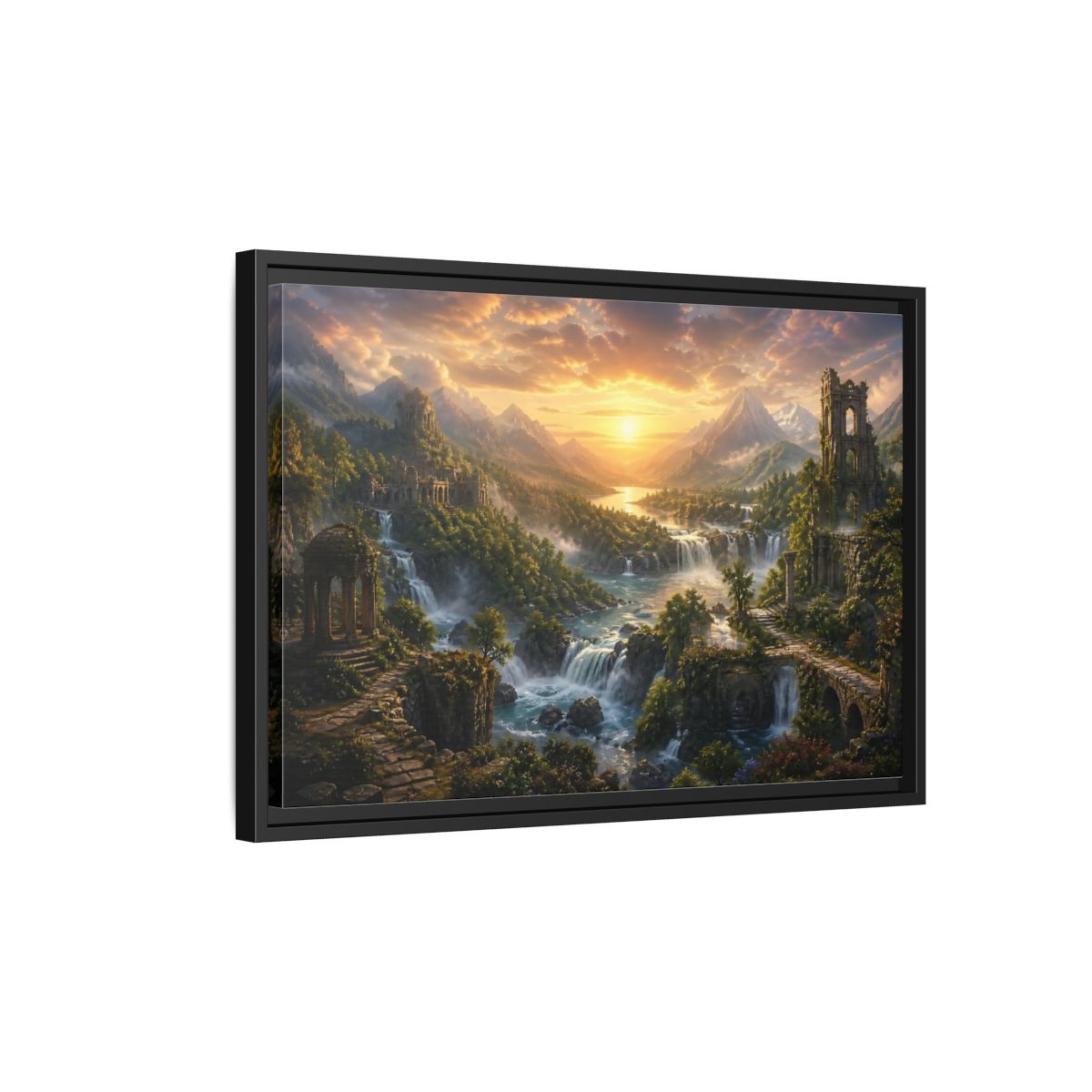 Side Mockup 3. Sunlit River Valley Ruins shown as framed canvas print