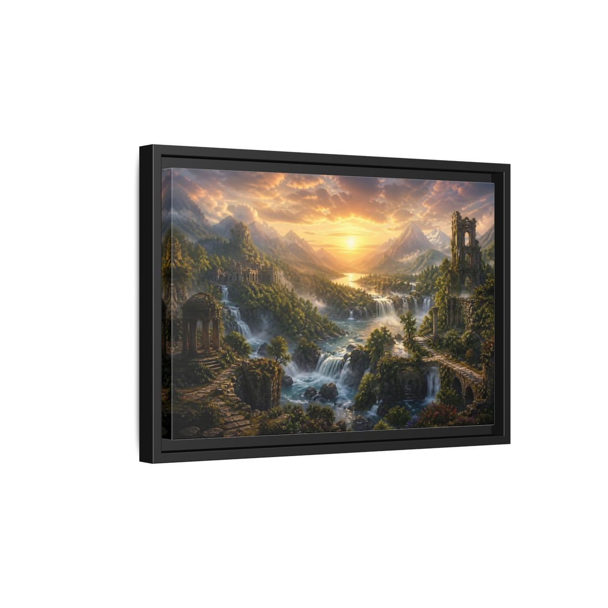 Side Mockup 6. Sunlit River Valley Ruins shown as framed canvas print