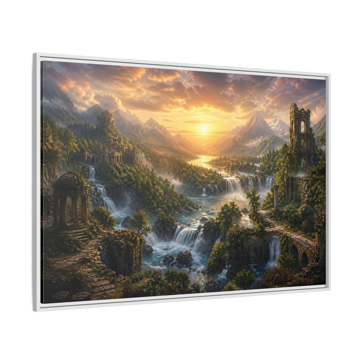 Side Mockup 7. Sunlit River Valley Ruins shown as framed canvas print