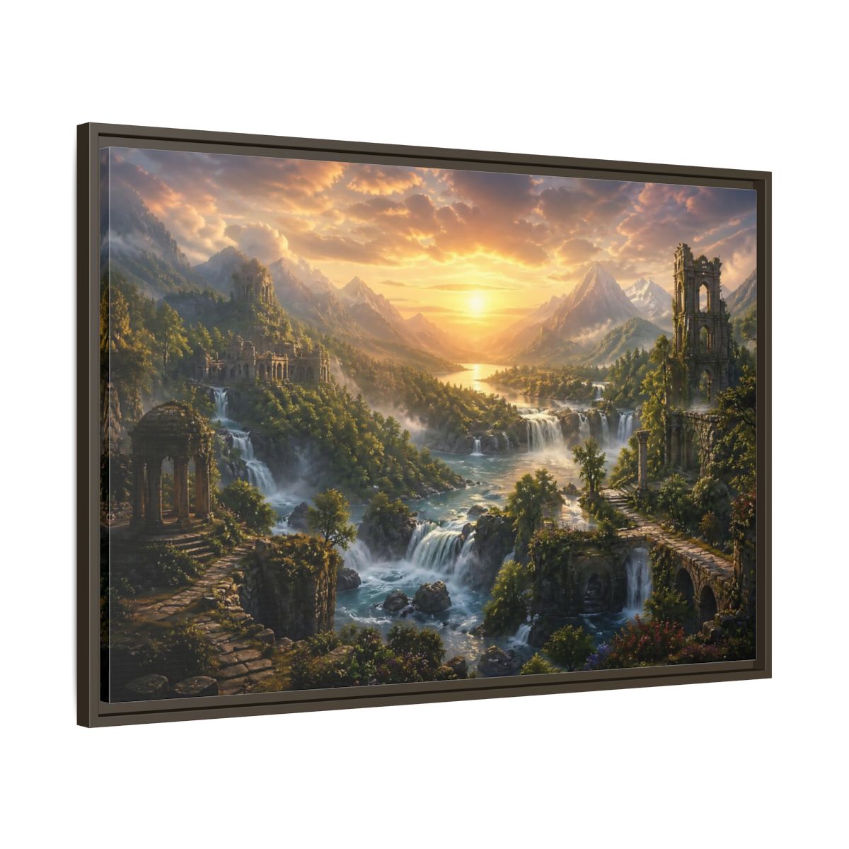 Main Mockup. Sunlit River Valley Ruins shown as framed canvas print
