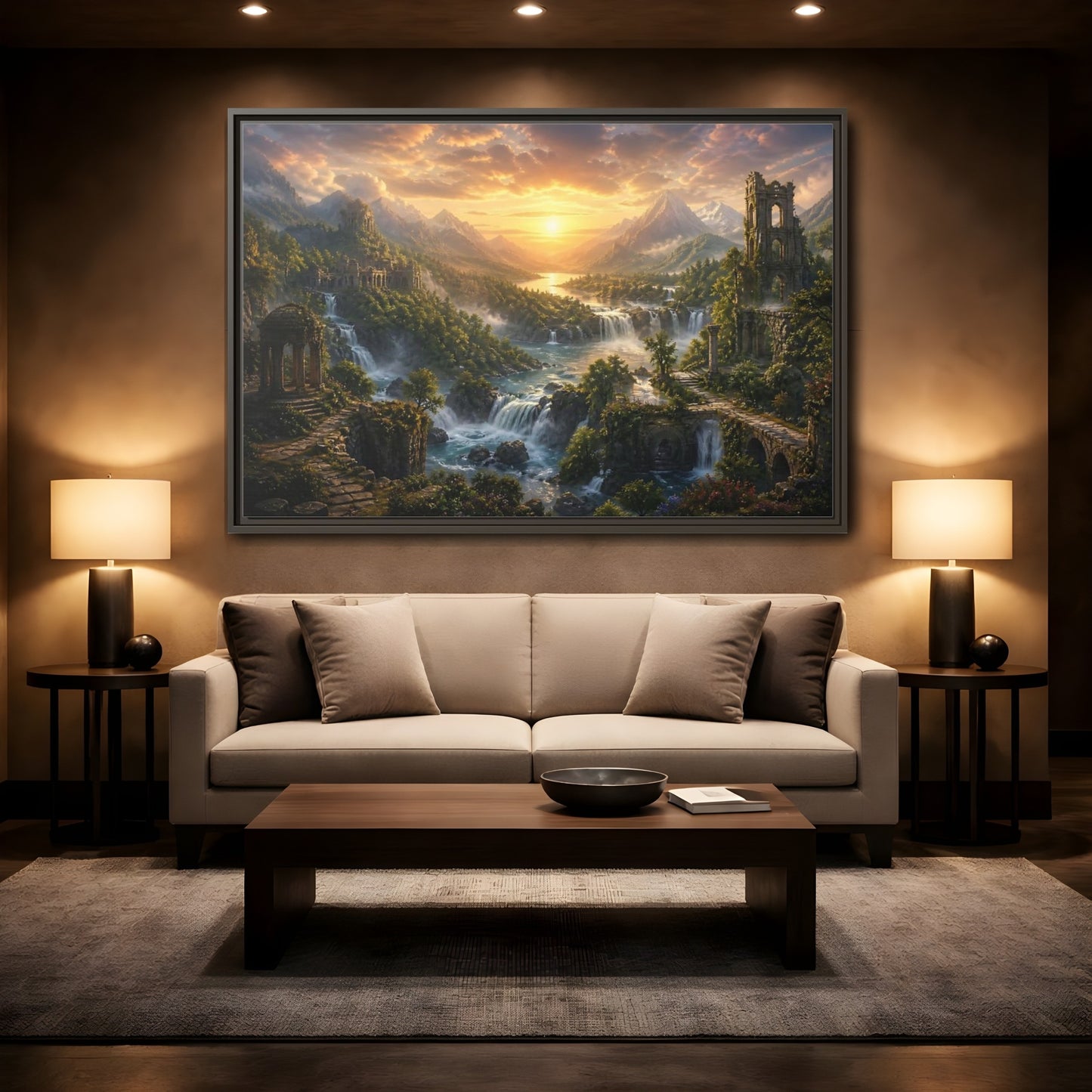 Mockup 2. Sunlit River Valley Ruins shown as framed canvas print