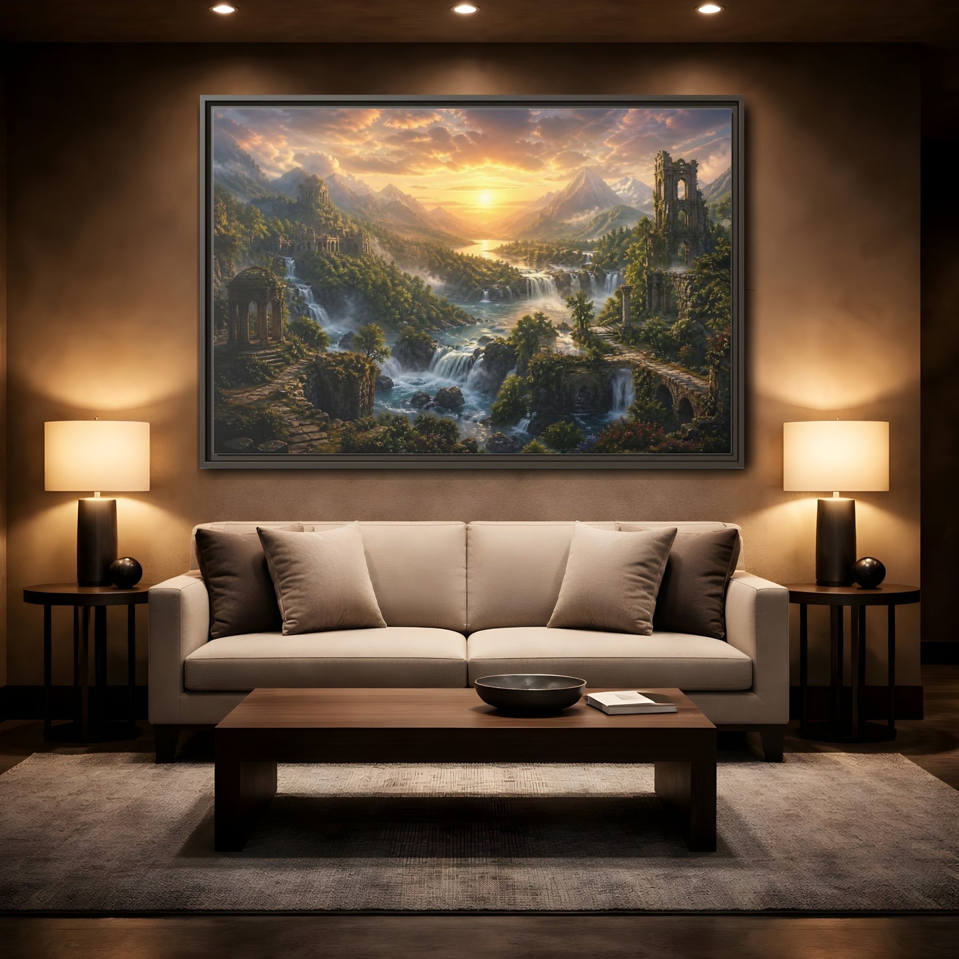 Mockup 2. Sunlit River Valley Ruins shown as framed canvas print