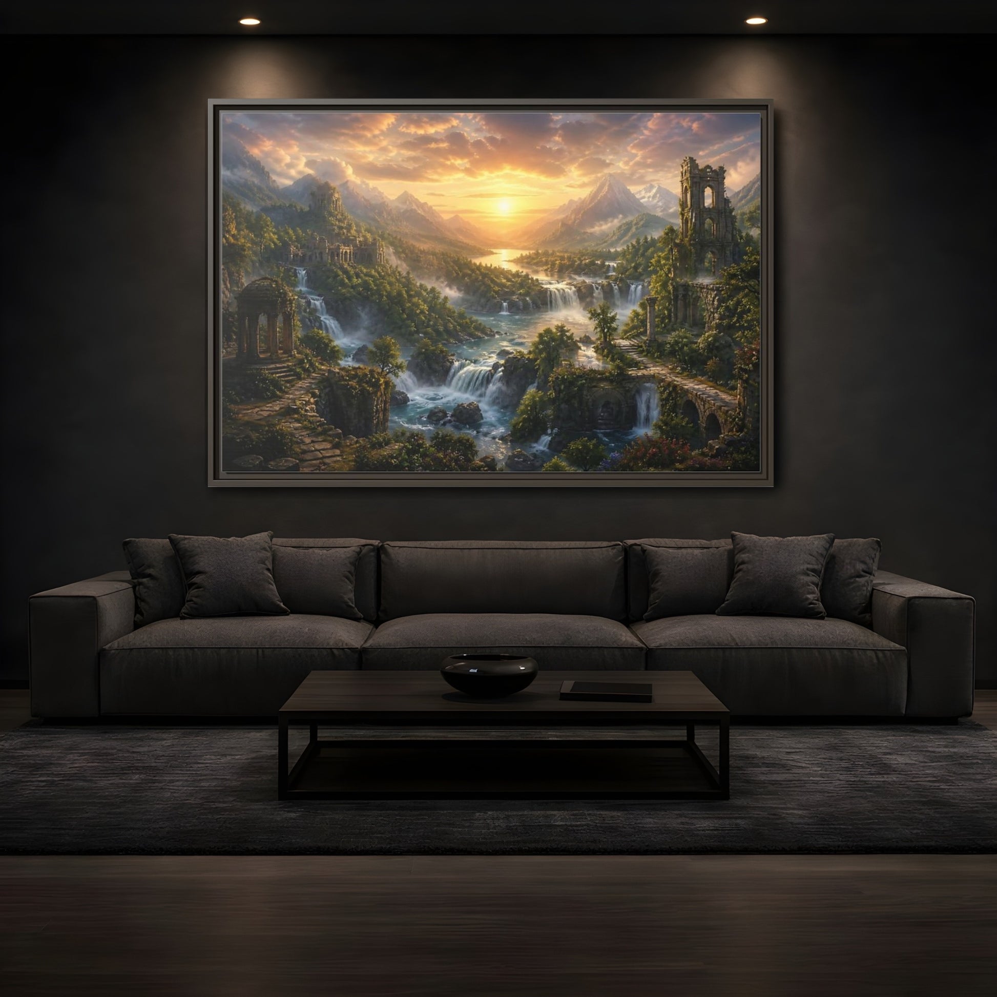 Mockup 3. Sunlit River Valley Ruins shown as framed canvas print