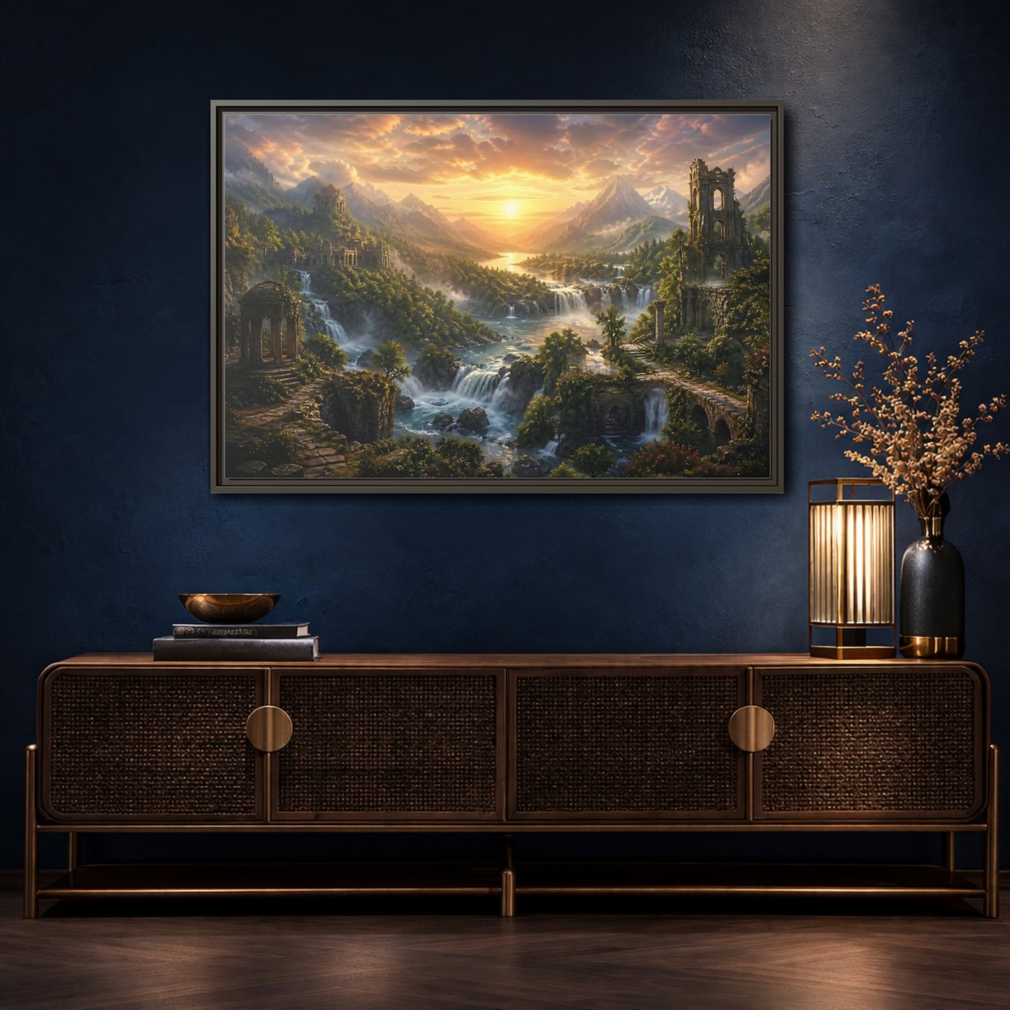 Mockup 4. Sunlit River Valley Ruins shown as framed canvas print