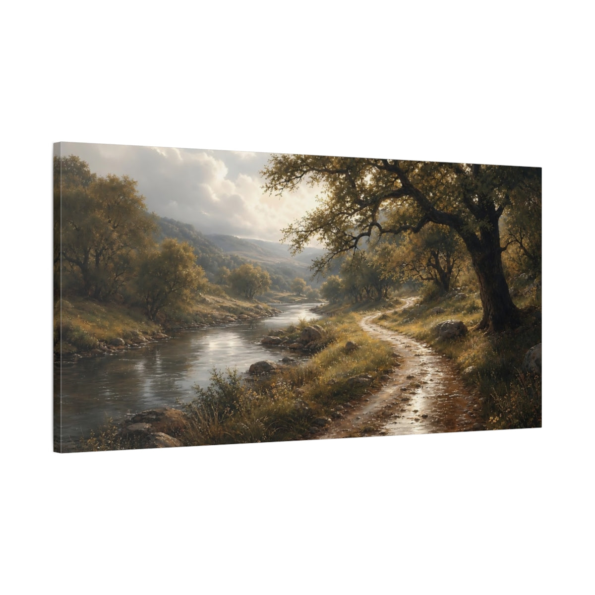 Main Mockup. Sunlit Riverside Path shown as canvas print
