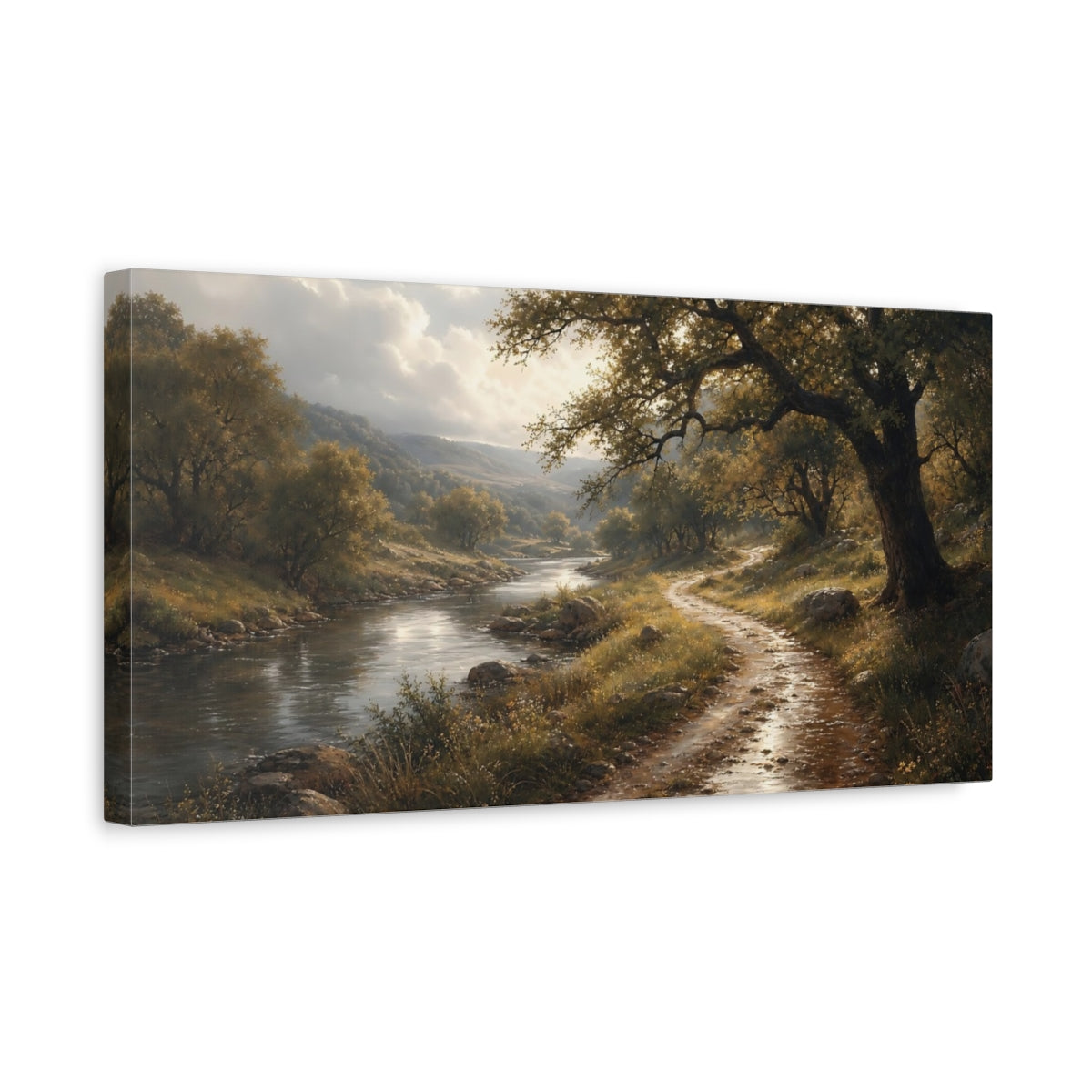 Side Mockup 3. Sunlit Riverside Path shown as canvas print